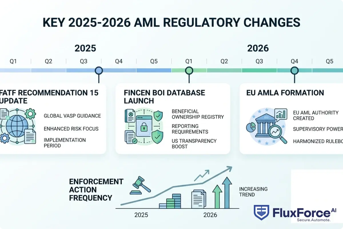 Regulatory timeline showing key 2025-2026 AML regulatory changes: FATF Rec 15 update, FinCEN BOI database launch, EU AMLA formation, and enforcement action frequency trend line