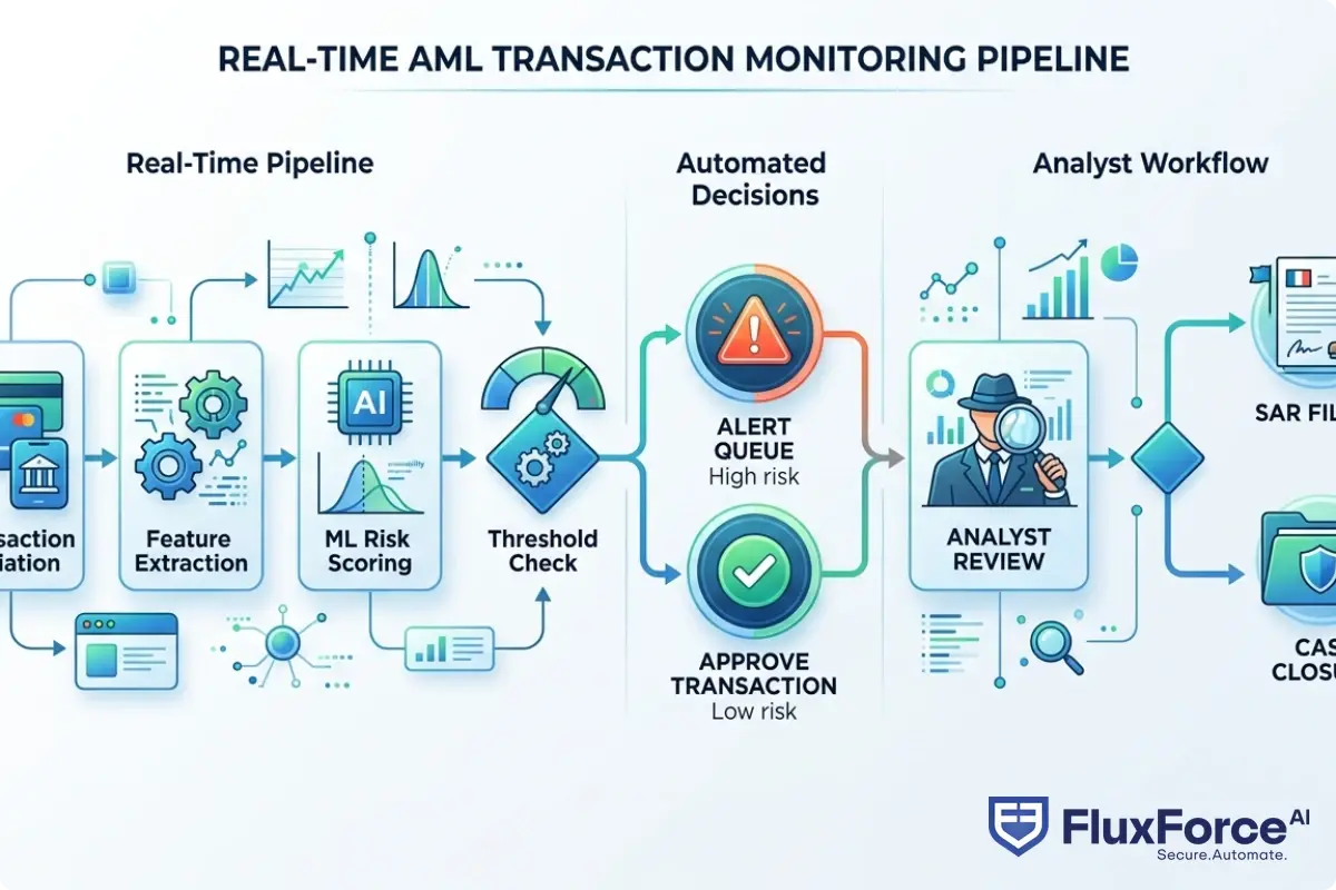 Flowchart showing real-time AML transaction monitoring pipeline: transaction initiation, feature extraction, ML risk scoring, threshold check, alert queue or approve, analyst review, SAR filing or case closure