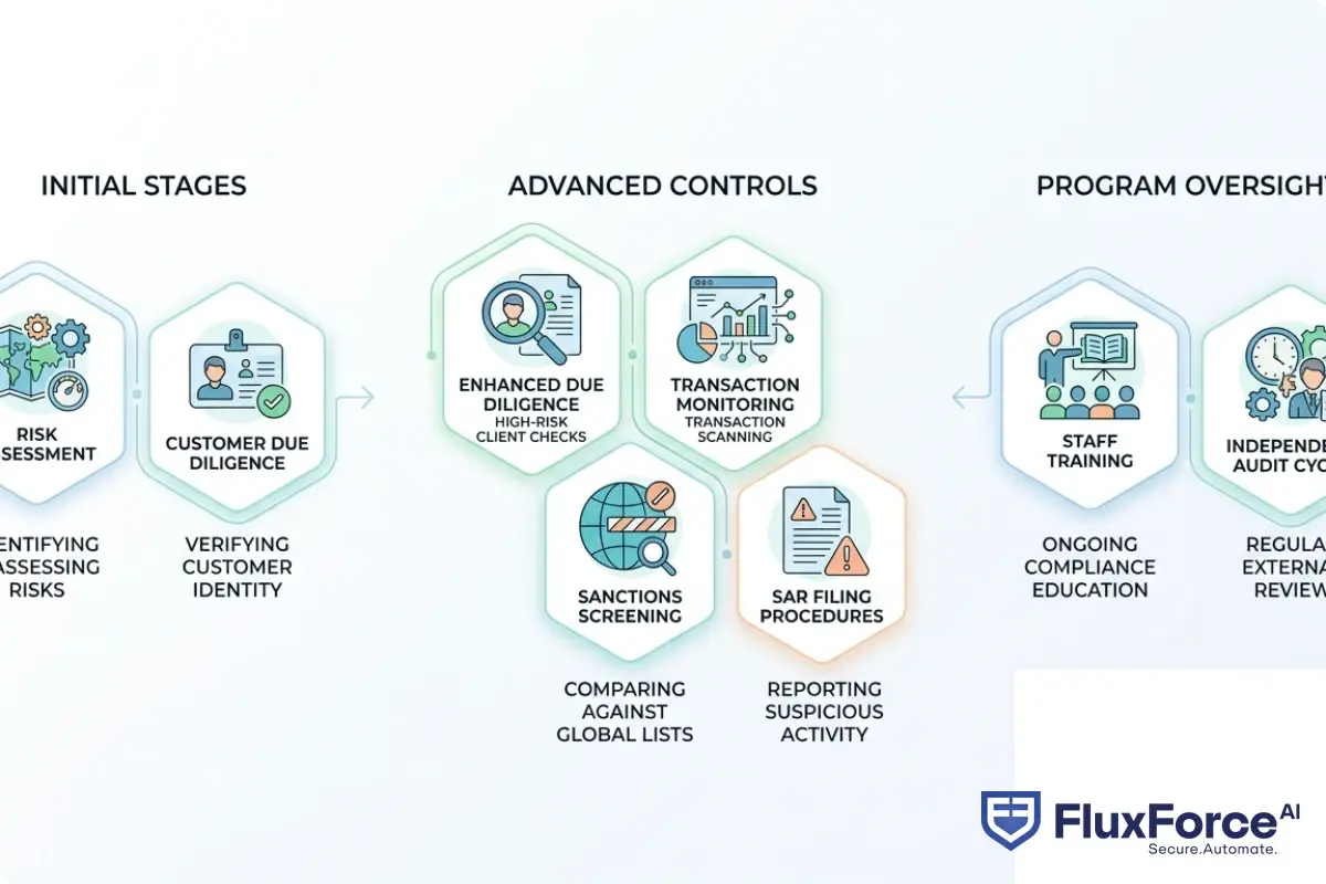 Eight core components of a FATF-compliant fintech AML program: risk assessment, customer due diligence, enhanced due diligence, transaction monitoring, sanctions screening, SAR filing procedures, staff training, and independent audit cycle