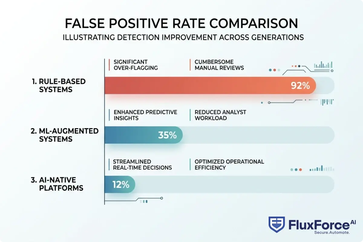 False positive rate comparison bar chart showing three technology tiers: rule-based systems at 92%, ML-augmented systems at 35%, and AI-native fraud detection platforms at 12%, illustrating the detection improvement with each technology generation