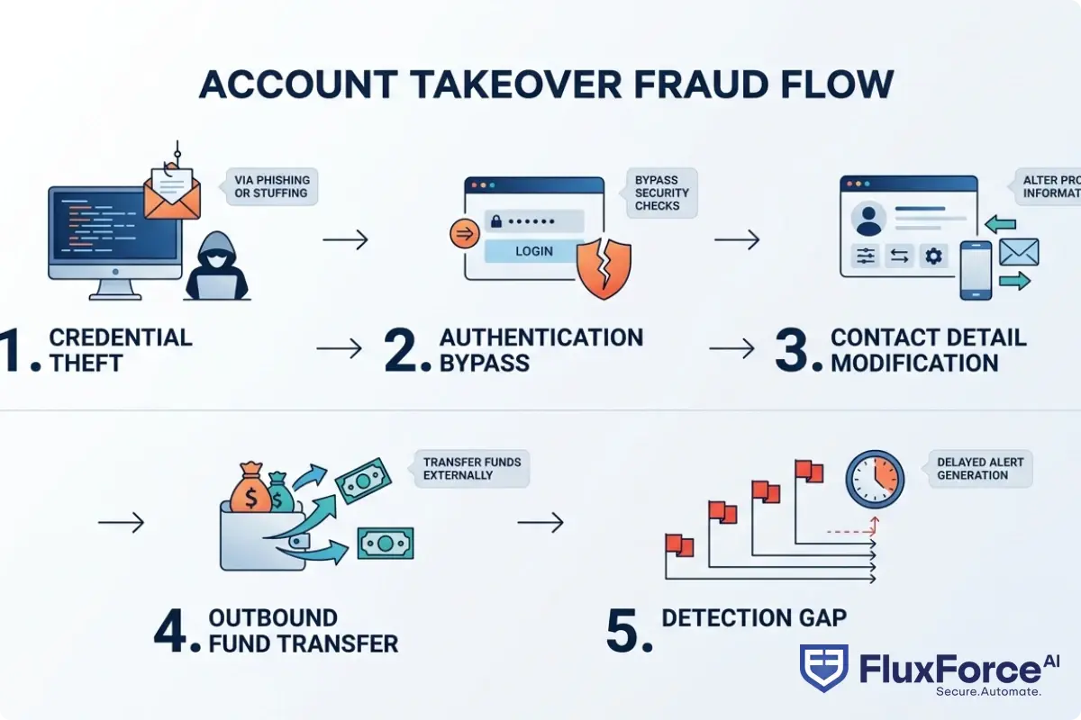 Account takeover fraud attack flow showing five stages: credential theft via stuffing or phishing, account authentication bypass, contact detail modification, outbound fund transfer, and the detection gap between attack execution and alert generation