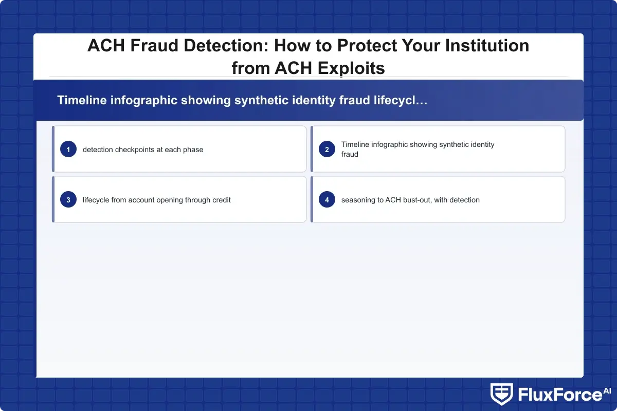 Timeline infographic showing synthetic identity fraud lifecycle from account opening through credit seasoning to ACH bust-out, with detection checkpoints at each phase