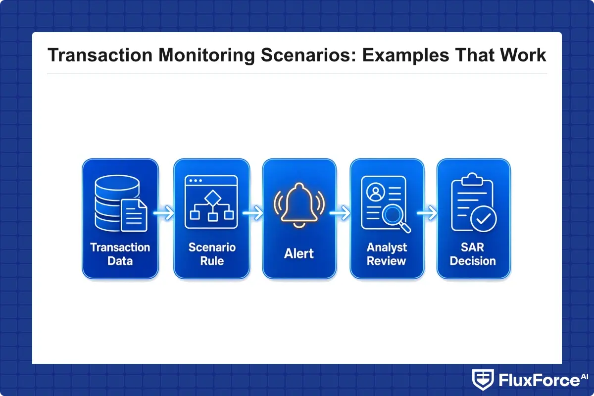 Flow from transaction data to scenario rule, alert, analyst review, and SAR decision