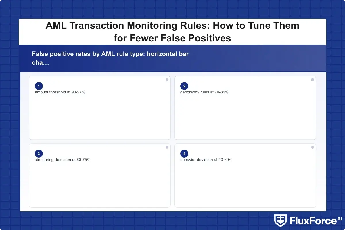 False positive rates by AML rule type: horizontal bar chart comparing velocity rules at 85-95%, amount threshold at 90-97%, geography rules at 70-85%, structuring detection at 60-75%, and behavior deviation at 40-60%