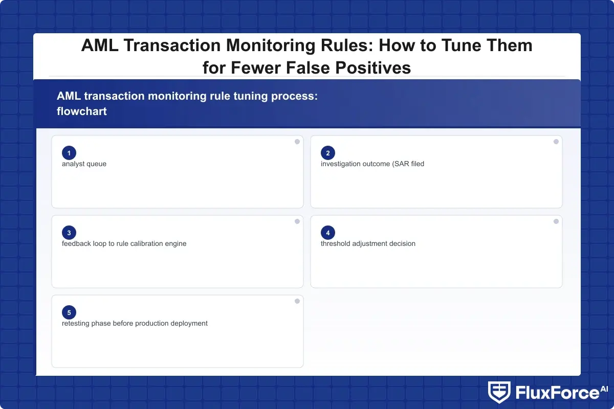AML transaction monitoring rule tuning process: flowchart showing alert generation, analyst queue, investigation outcome (SAR filed, closed, escalated), feedback loop to rule calibration engine, threshold adjustment decision, and retesting phase before production deployment