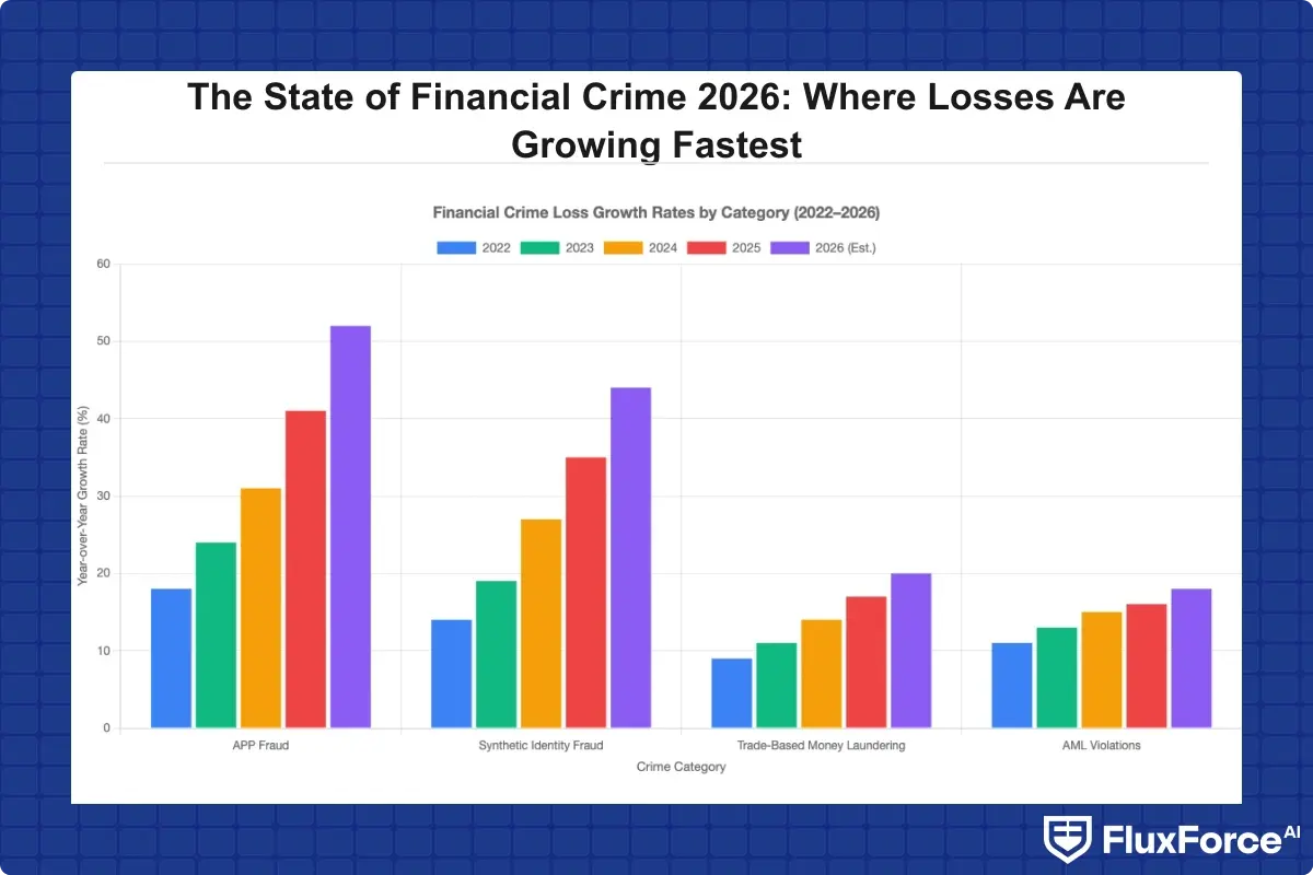 Bar chart comparing year-over-year financial crime loss growth rates by category (APP fraud, synthetic identity fraud, trade-based money laundering, AML violations) from 2022 to 2026, showing APP fraud and synthetic identity as fastest-growing