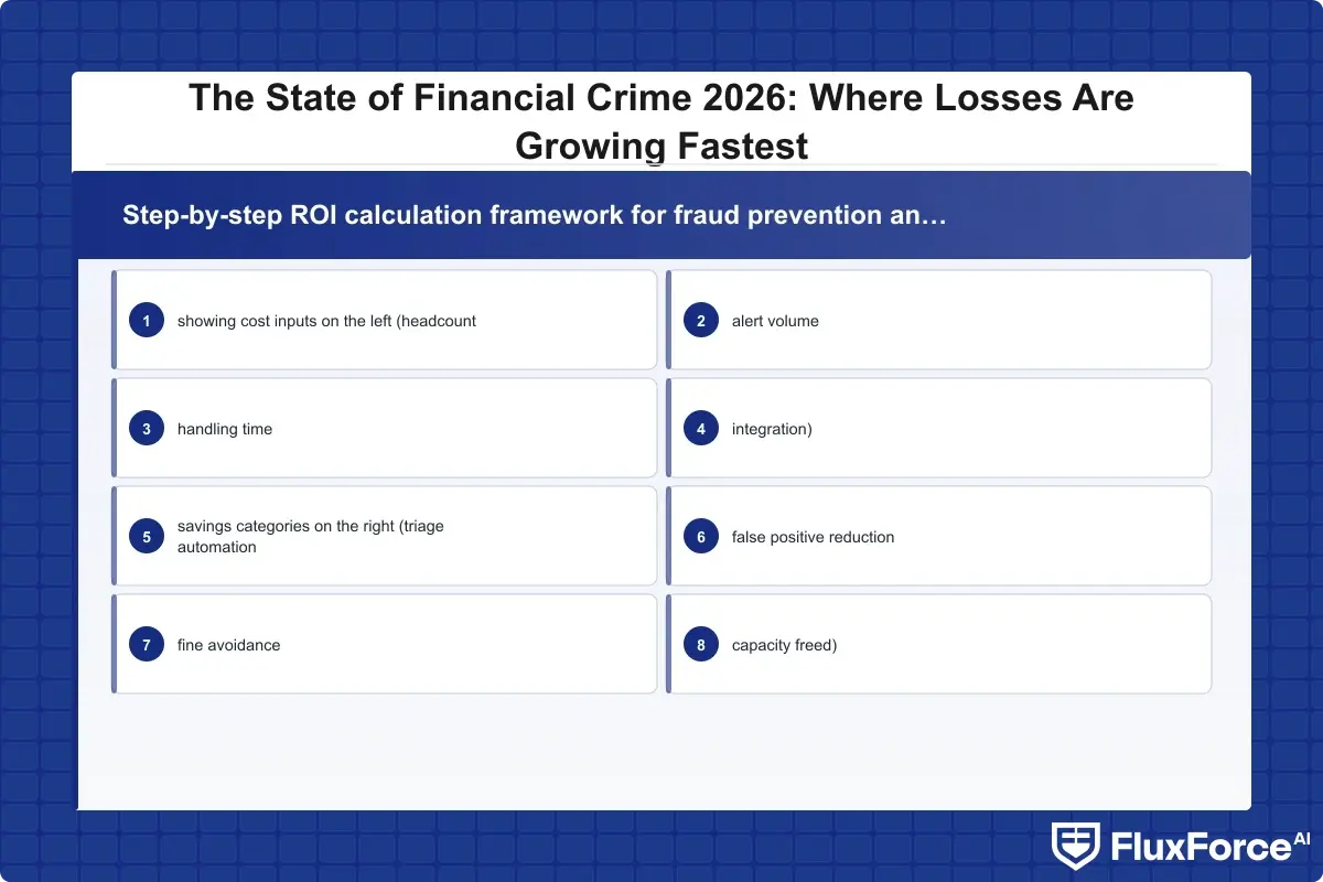 Step-by-step ROI calculation framework for fraud prevention and compliance automation platforms, showing cost inputs on the left (headcount, alert volume, handling time, integration), savings categories on the right (triage automation, false positive reduction, fine avoidance, capacity freed), and a break-even timeline at the bottom