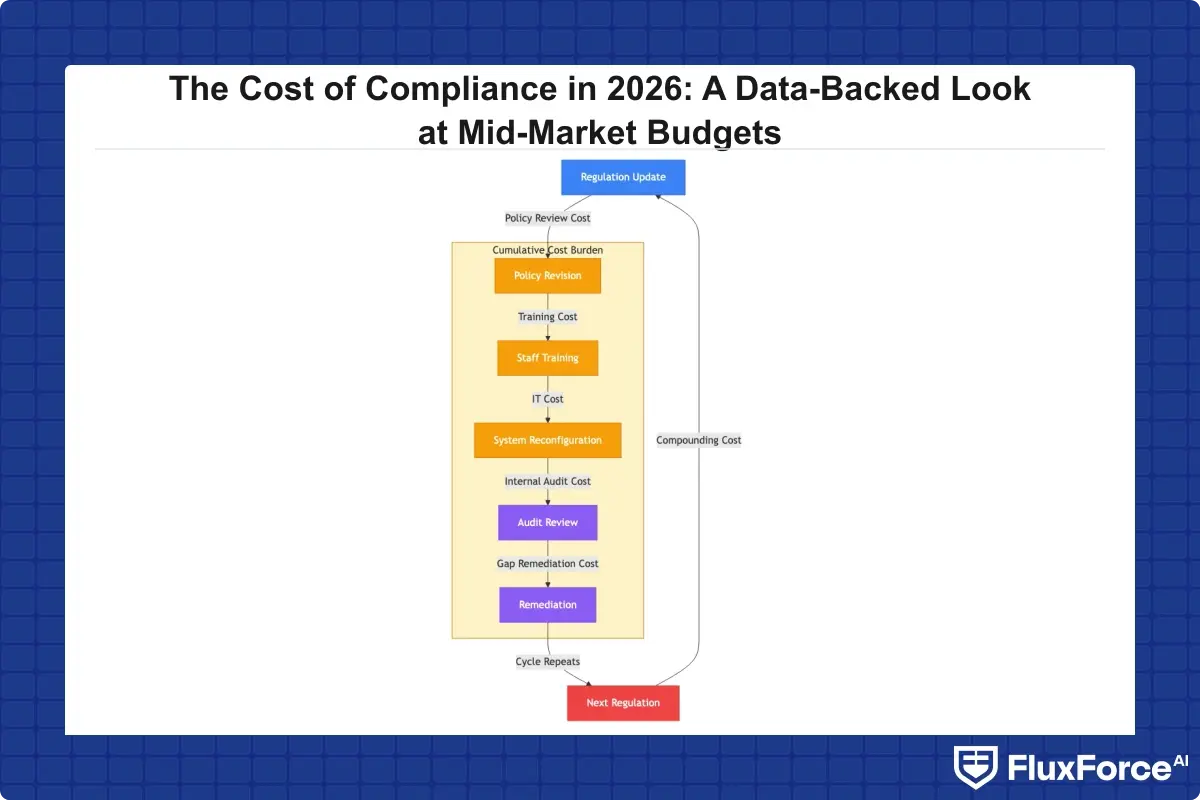 Flowchart showing how manual compliance costs compound across regulatory cycles: regulation update → policy revision → staff training → system reconfiguration → audit review → remediation → next regulation, with cost accumulation arrows at each stage
