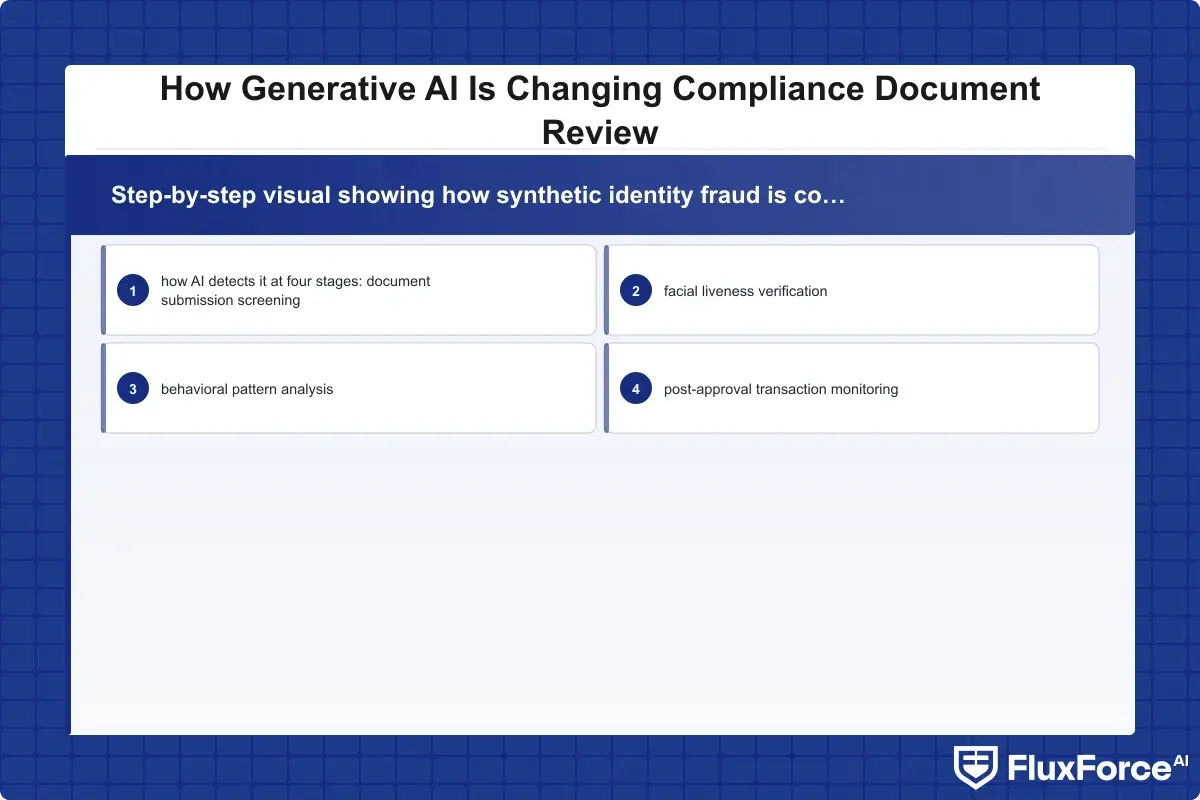 Step-by-step visual showing how synthetic identity fraud is constructed using a real SSN combined with a fabricated name and rented address, and how AI detects it at four stages: document submission screening, facial liveness verification, behavioral pattern analysis, and post-approval transaction monitoring