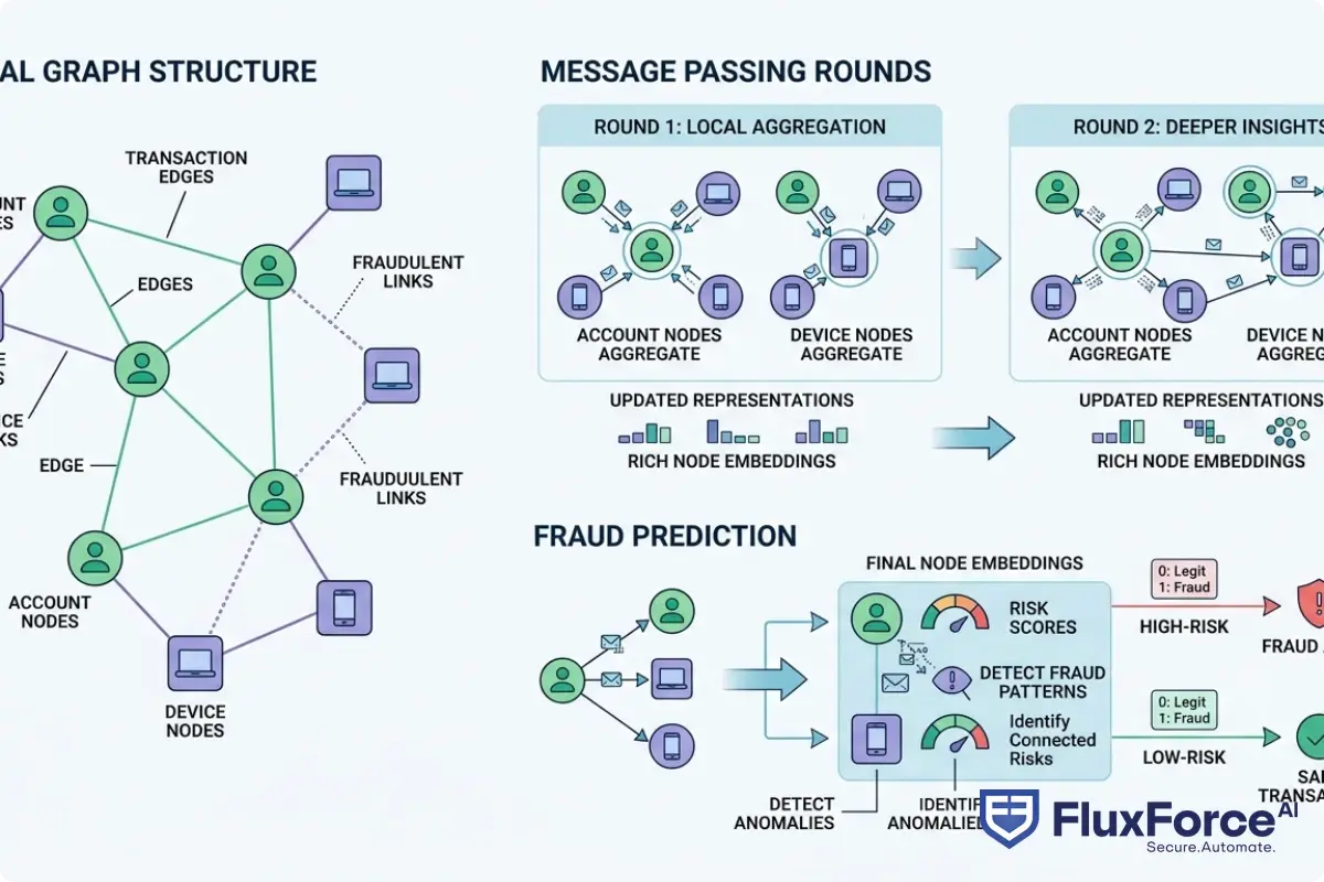 GNN message passing flow for fraud detection showing account nodes, device nodes, and transaction edges with multi-round aggregation steps
