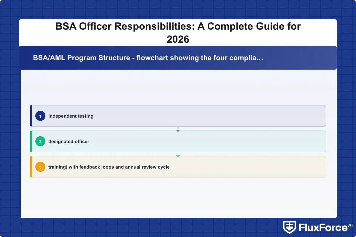 BSA/AML Program Structure - flowchart showing the four compliance pillars (internal controls, independent testing, designated officer, training) with feedback loops and annual review cycle