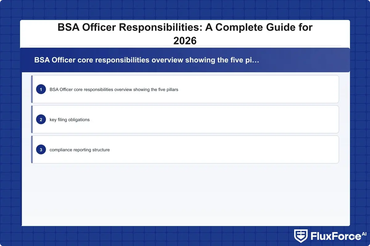 BSA Officer core responsibilities overview showing the five pillars, key filing obligations, and compliance reporting structure