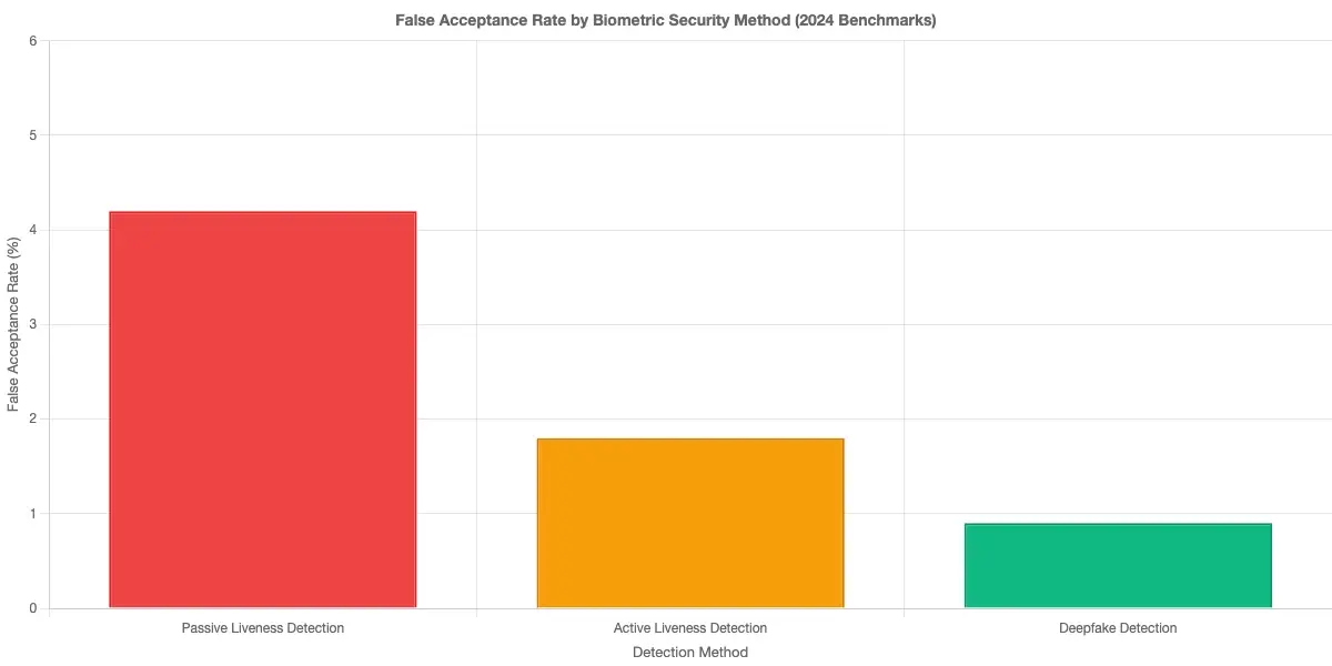 False acceptance rate comparison across passive liveness detection, active liveness detection, and deepfake detection methods based on 2024 vendor benchmarks