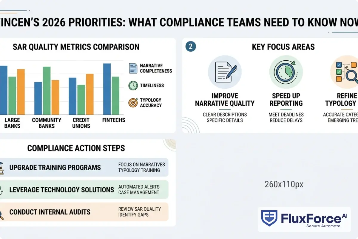 Bar chart comparing SAR filing quality metrics including narrative completeness, timeliness, and typology accuracy across four institution types: large banks, community banks, credit unions, and fintechs