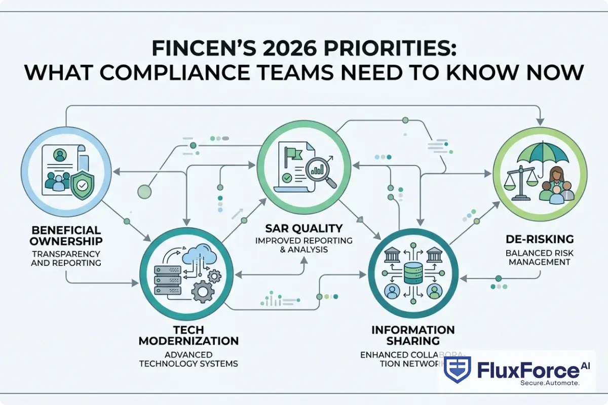 FinCEN 2026 five-pillar compliance framework showing beneficial ownership, SAR quality, tech modernization, information sharing, and de-risking as interconnected nodes in a flowchart