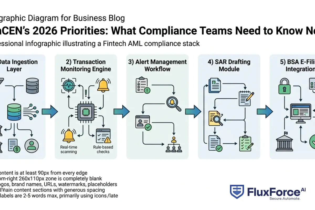 Fintech AML compliance stack diagram showing data ingestion layer, transaction monitoring engine, alert management workflow, SAR drafting module, and BSA E-Filing integration as sequential components with data flow arrows