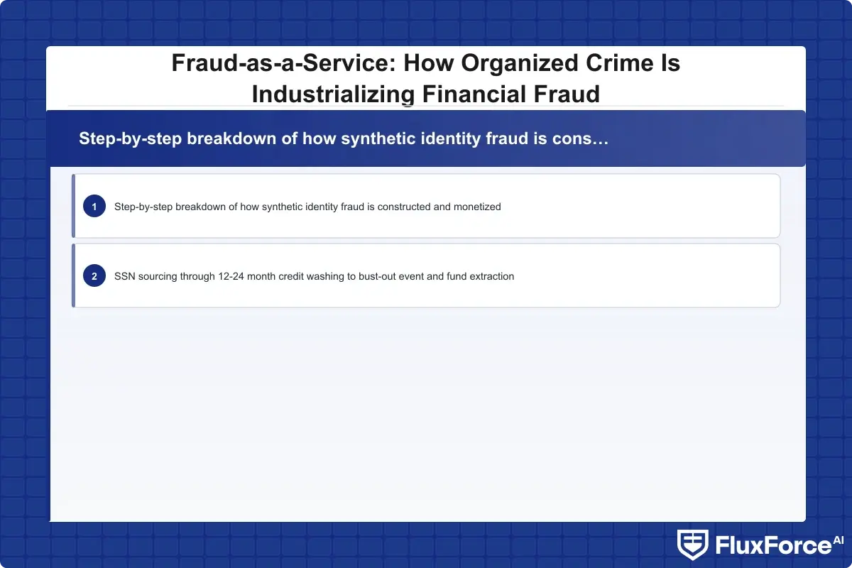 Step-by-step breakdown of how synthetic identity fraud is constructed and monetized, from SSN sourcing through 12-24 month credit washing to bust-out event and fund extraction