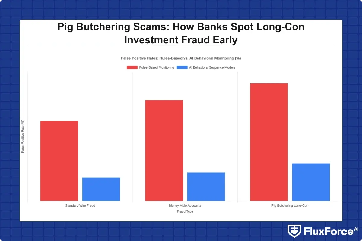 Bar chart comparing false positive rates for rules-based monitoring versus AI behavioral sequence models across three fraud types: standard wire fraud, money mule accounts, and pig butchering long-con investment fraud