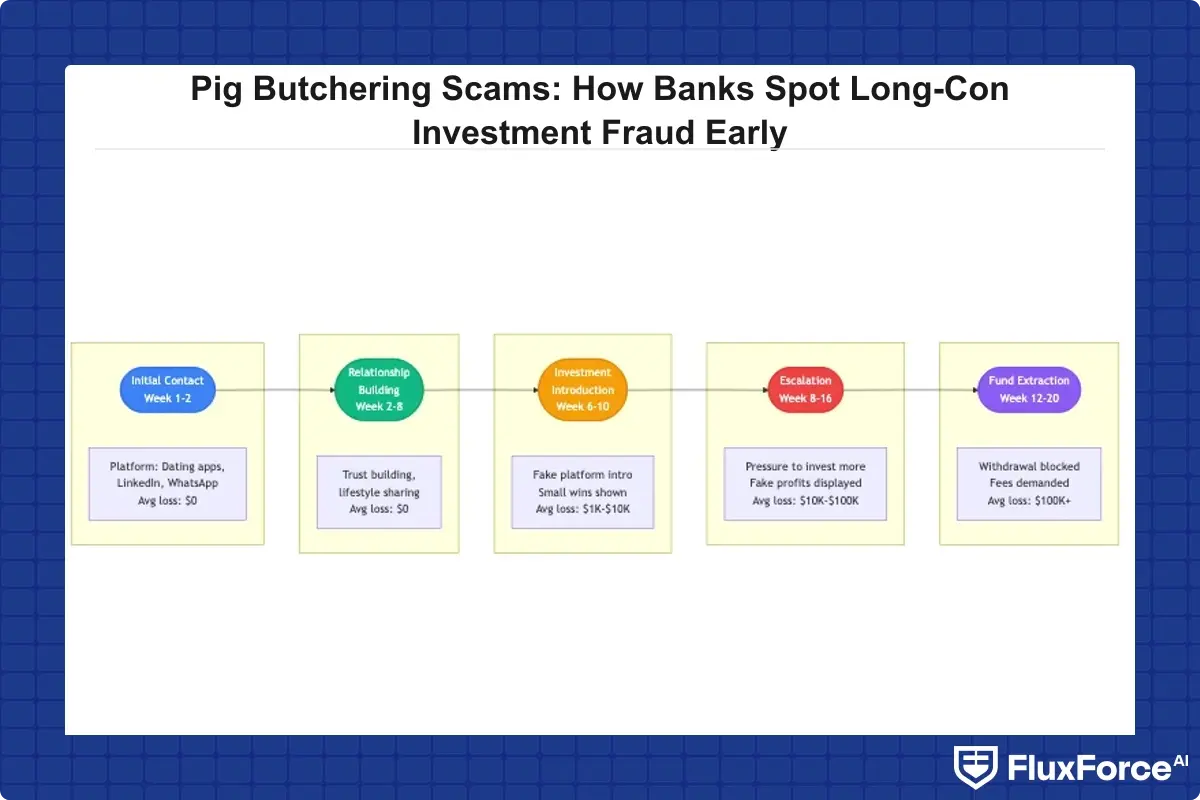 Five-stage pig butchering scam timeline showing initial contact, relationship building, investment introduction, escalation phase, and fund extraction with typical duration and dollar amounts at each stage