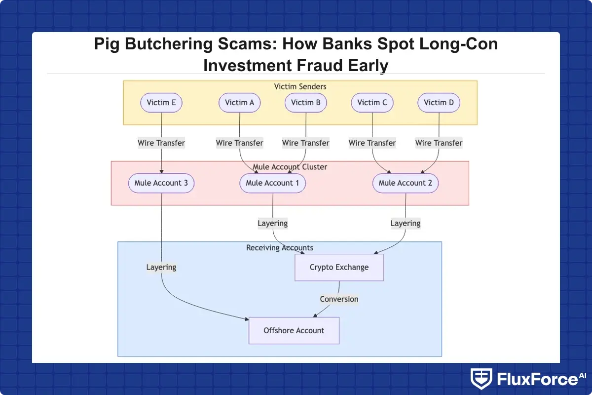 Graph analysis diagram showing how network connections between receiving accounts and multiple pig butchering victim senders reveal mule account clusters used in long-con investment fraud