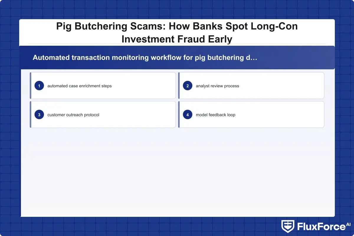 Automated transaction monitoring workflow for pig butchering detection showing alert trigger criteria, automated case enrichment steps, analyst review process, customer outreach protocol, and model feedback loop