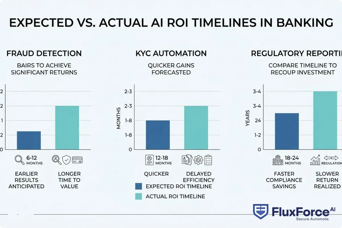 Bar chart comparing expected vs. actual AI ROI timelines in banking across fraud detection, KYC automation, and regulatory reporting