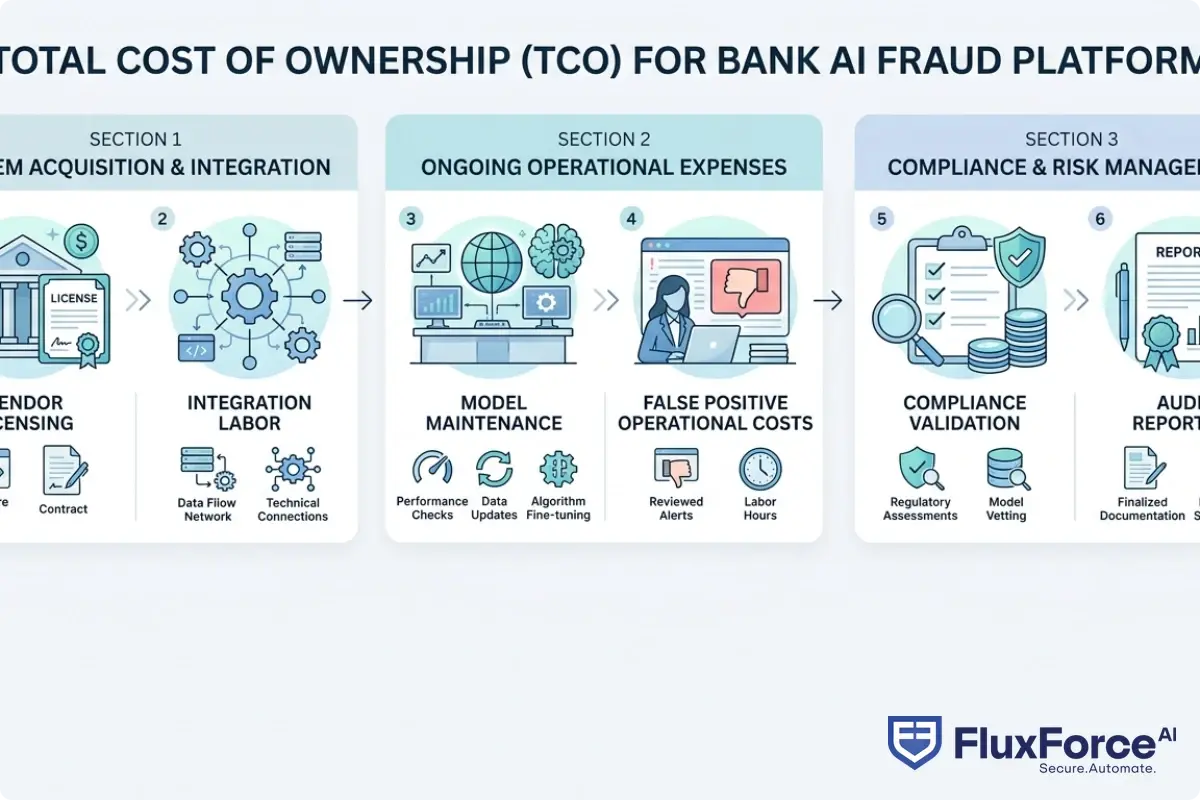 Step-by-step breakdown of Total Cost of Ownership for a bank's AI fraud platform covering five components: license costs, integration labor, ongoing model maintenance, false positive operational costs, and compliance validation expenses