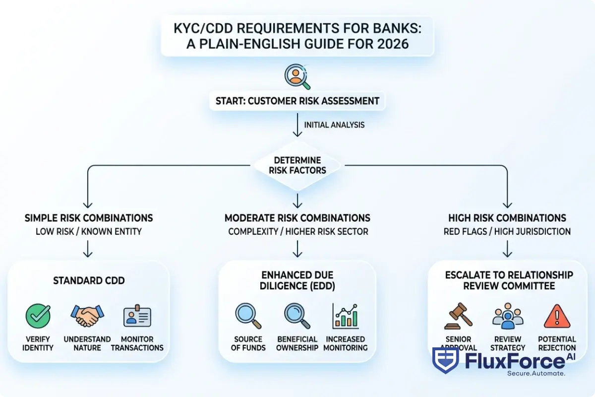 Decision tree showing when to apply standard CDD, enhanced due diligence, or escalate to relationship review committee based on risk factor combinations