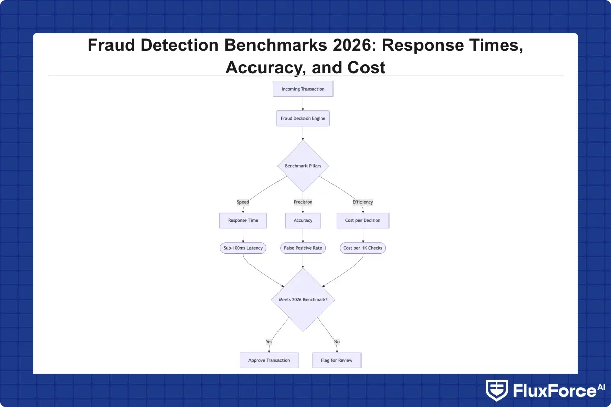Flowchart showing a transaction entering a fraud decision engine and branching across the three benchmark pillars of response time, accuracy, and cost