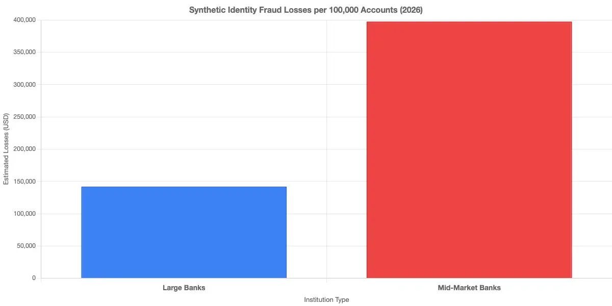 Bar chart comparing synthetic identity fraud losses per 100,000 accounts at large banks versus mid-market banks, illustrating that mid-market institutions experience approximately 2.8x higher losses per account due to weaker onboarding controls and less sophisticated detection models