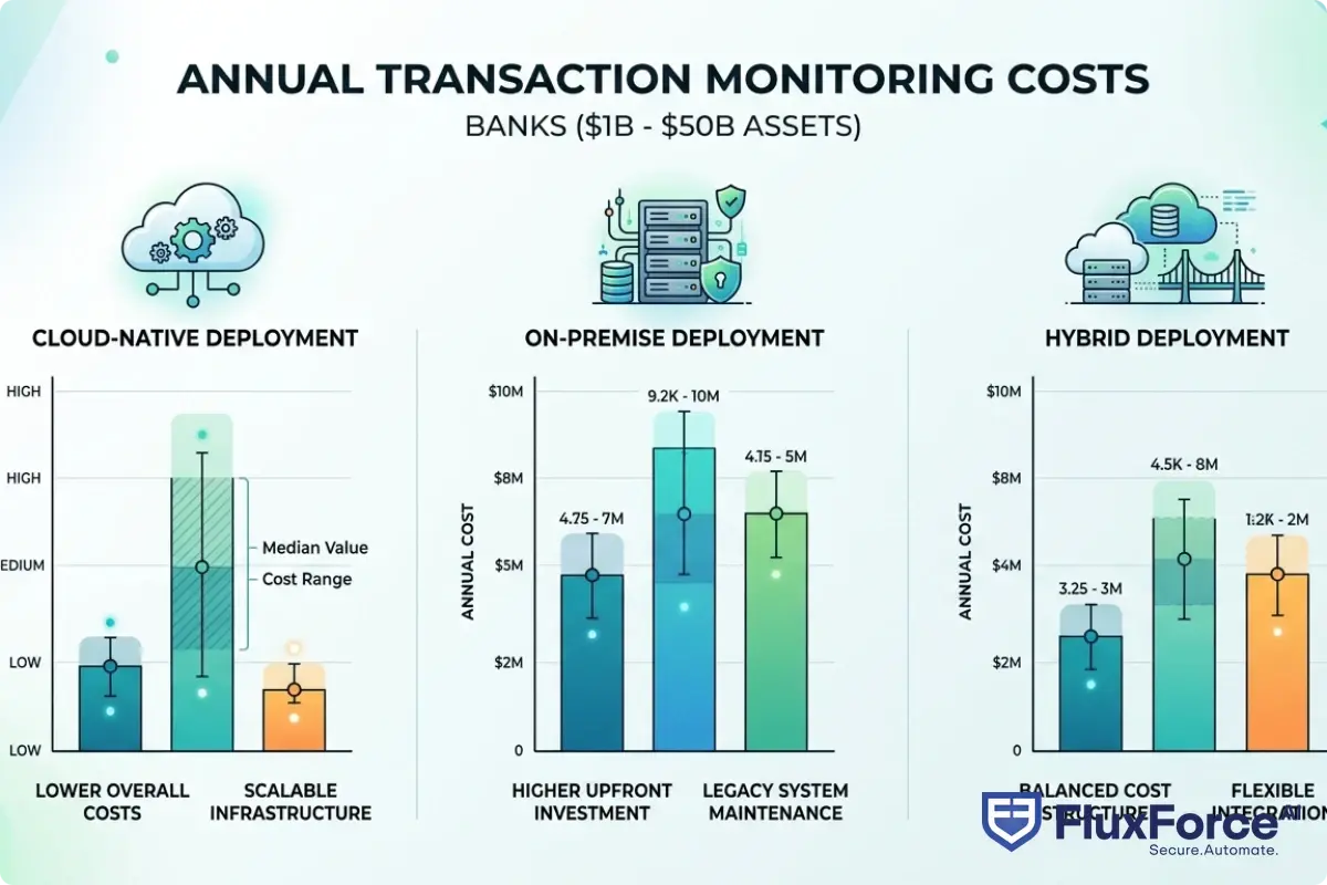 Bar chart comparing annual transaction monitoring costs across deployment models (cloud-native vs. on-premise vs. hybrid) for banks in the $1B-$50B asset range, showing cost ranges and median values
