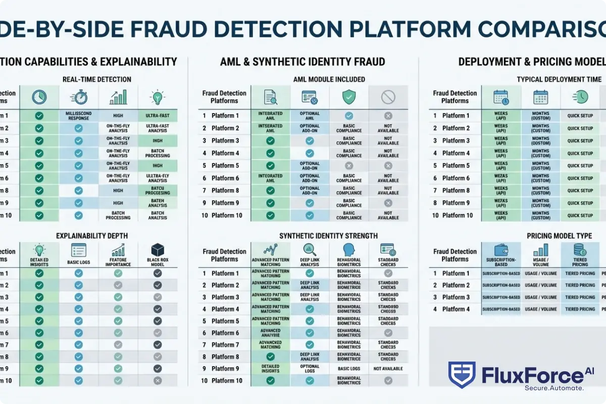 Side-by-side feature comparison matrix of all 10 fraud detection platforms across key dimensions: real-time detection capability, explainability depth, AML module included, synthetic identity fraud strength, typical deployment time, and pricing model type
