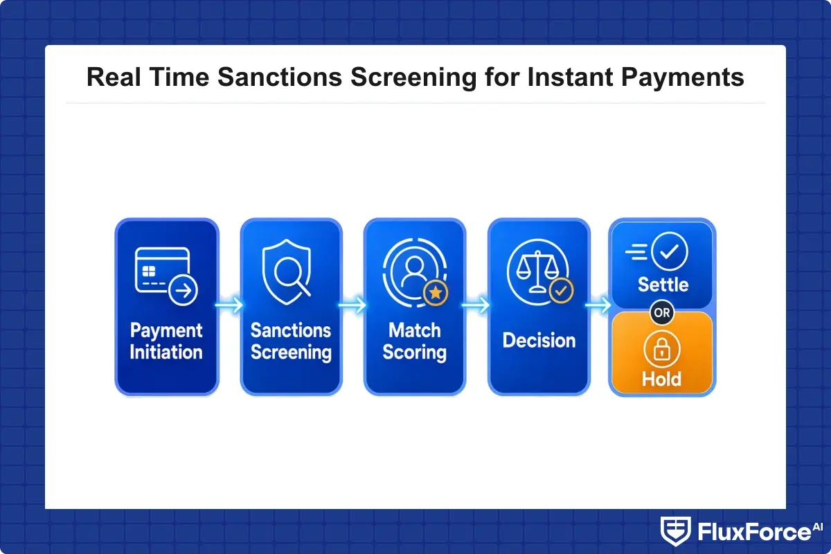 Flow diagram showing a payment moving through initiation, screening, match scoring, decision, and settlement or hold