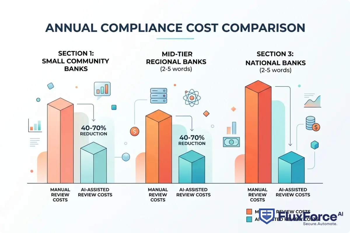 Bar chart comparing annual compliance operations costs across manual review vs. AI-assisted review for small community banks, mid-tier regional banks, and large national banks, showing 40-70% cost reduction with AI