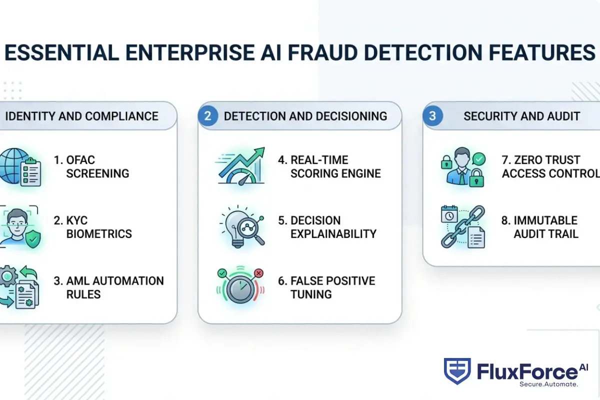 8 essential features of enterprise AI fraud detection: real-time scoring engine, OFAC screening, KYC biometrics, false positive tuning, zero trust access controls, decision explainability, AML automation rules, and immutable audit trail