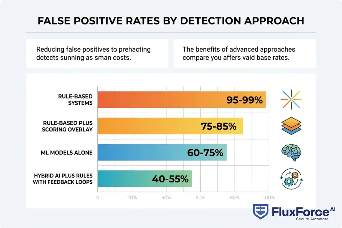 Bar chart comparing false positive rates by detection approach: rule-based systems (95-99%), rule-based plus scoring overlay (75-85%), ML models alone (60-75%), hybrid AI plus rules with feedback loops (40-55%)