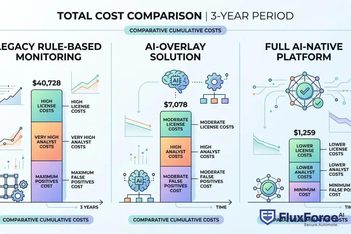 Total cost comparison over 3 years: legacy rule-based monitoring vs. AI-overlay solution vs. full AI-native platform -- showing license costs, analyst costs, and false positive costs stacked for each approach