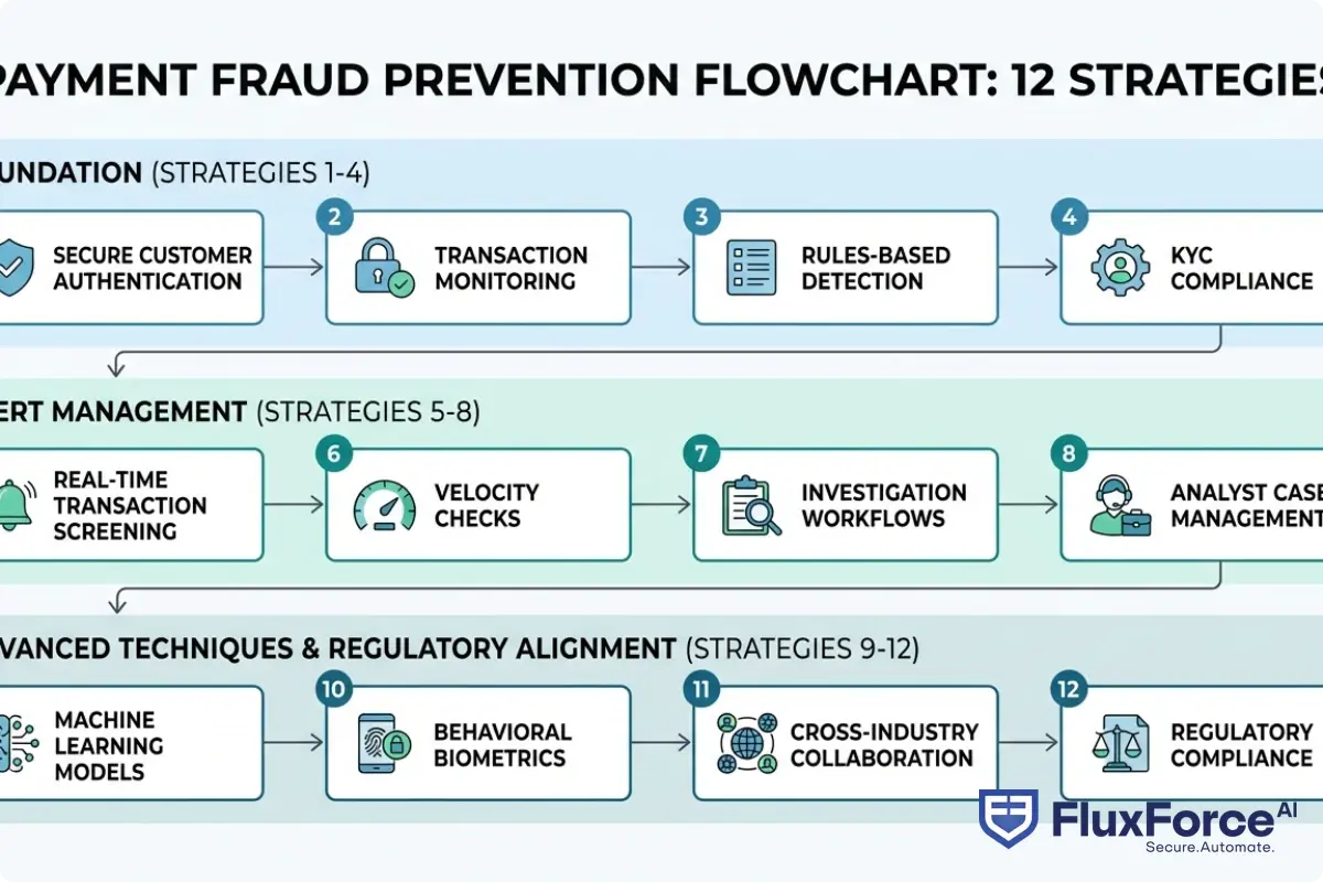 Flowchart showing the 12 payment fraud prevention strategies organized into four layers: Foundation (1-4), Alert Management (5-8), Advanced Techniques (9-12), and Regulatory Alignment