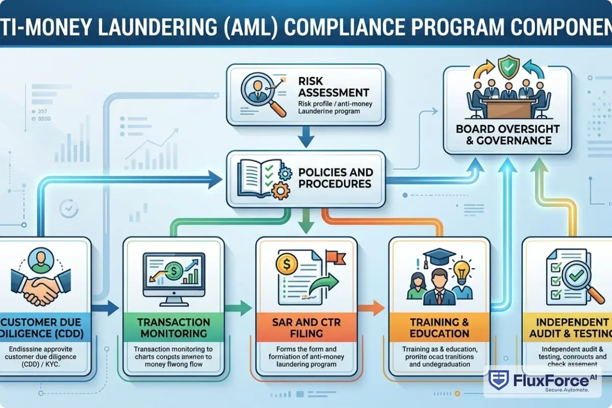 Flowchart showing AML compliance program components: Risk Assessment feeds into Policies and Procedures, which feeds into Customer Due Diligence, Transaction Monitoring, SAR and CTR Filing, and Training and Audit, all reporting up to Board Oversight