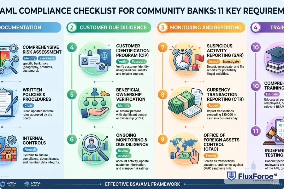 Step-by-step BSA/AML compliance checklist infographic showing 11 key requirements for community banks organized by four categories: Documentation, Customer Due Diligence, Monitoring and Reporting, and Training