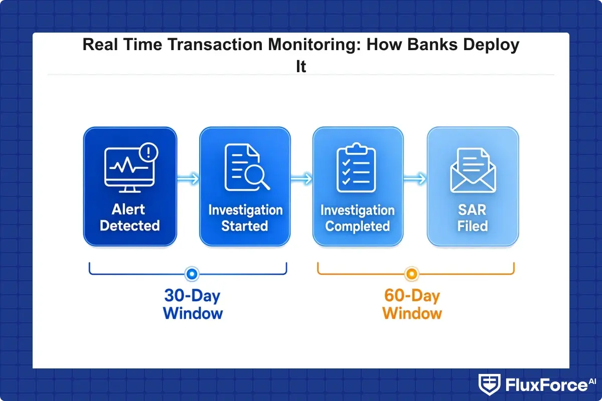 SAR deadline timeline from detection through investigation to filing, with the 30-day and 60-day windows marked
