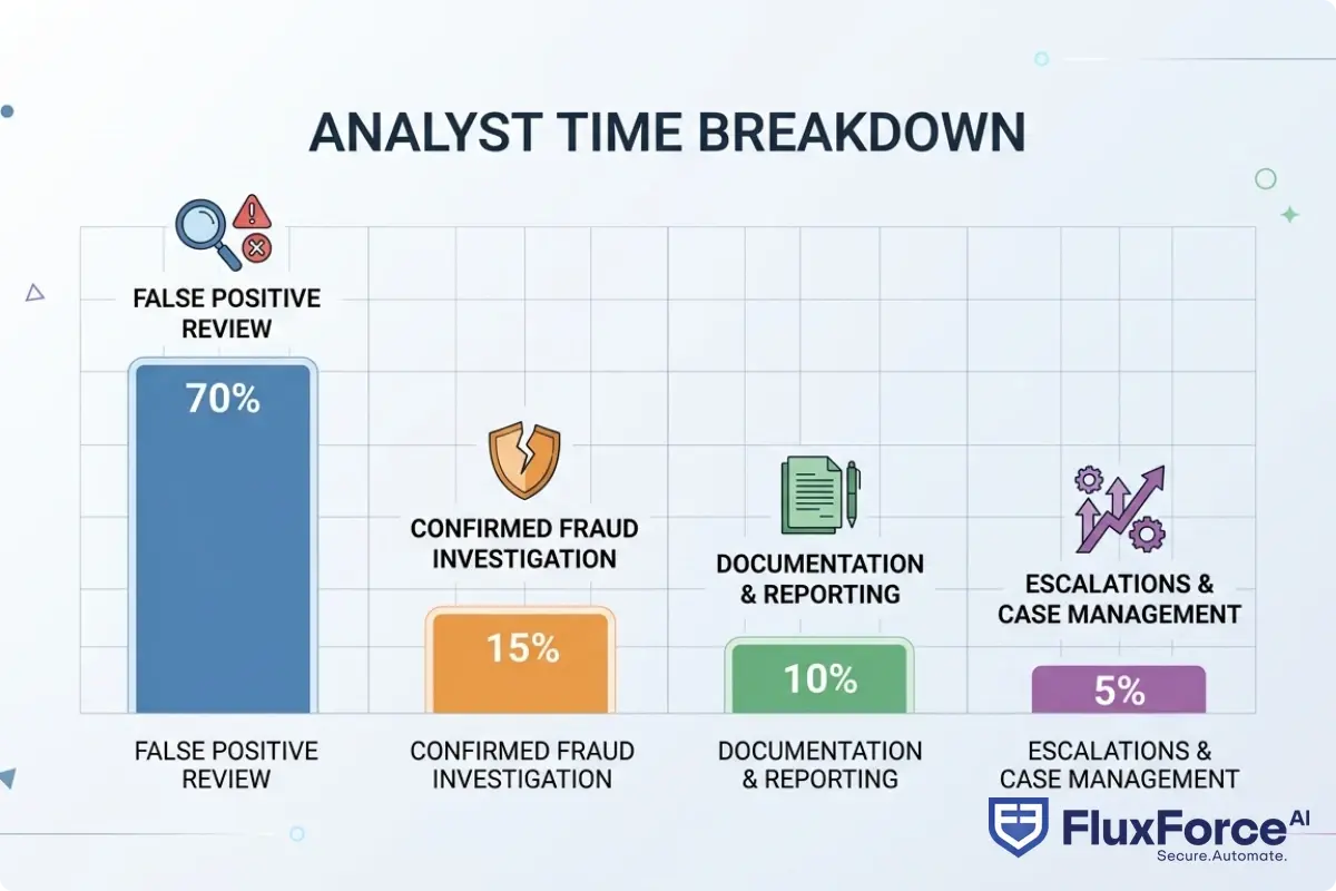 Bar chart showing analyst time breakdown: 70% false positive review, 15% confirmed fraud investigation, 10% documentation and reporting, 5% escalations and case management