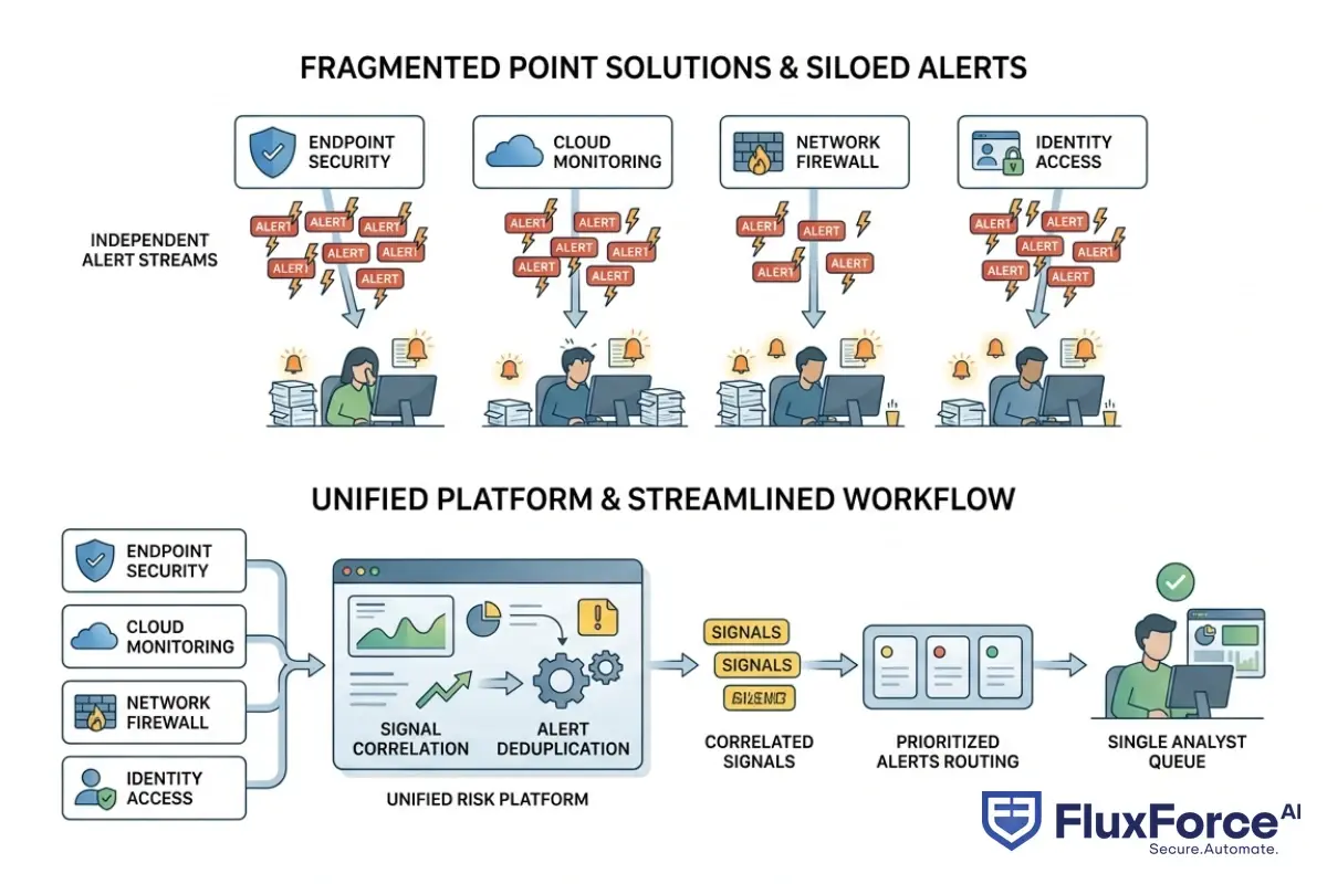 Architecture diagram showing fragmented point solutions each generating independent alert streams versus a unified risk platform routing correlated, deduplicated signals to a single analyst queue