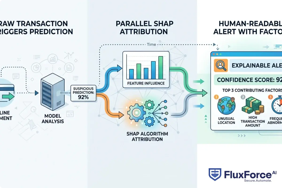 Step-by-step guide showing XAI fraud detection workflow: raw transaction triggers model prediction, SHAP attribution runs in parallel, human-readable alert surfaces with top 3 contributing factors and confidence score