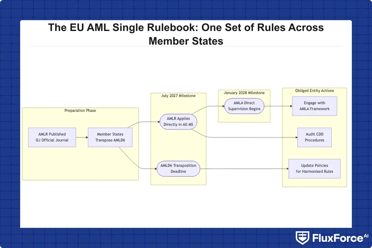 Timeline of the EU AML Single Rulebook legislative package showing key application dates: AMLR applies July 2027, AMLD6 transposition deadline July 2027, AMLA direct supervision begins January 2028, with action items for obliged entities at each milestone