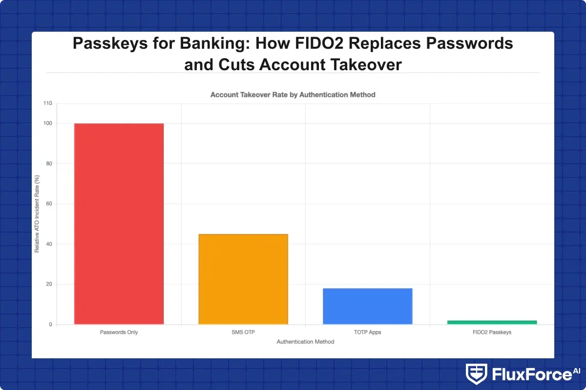 Account takeover rate comparison across authentication methods: passwords only vs SMS OTP vs TOTP apps vs FIDO2 passkeys, showing percentage reduction in ATO incidents per method