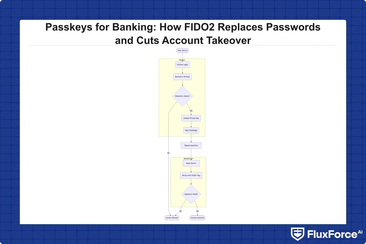 FIDO2 passkey authentication flow in banking: user device to biometric prompt to private key signing to bank server public key verification to access granted
