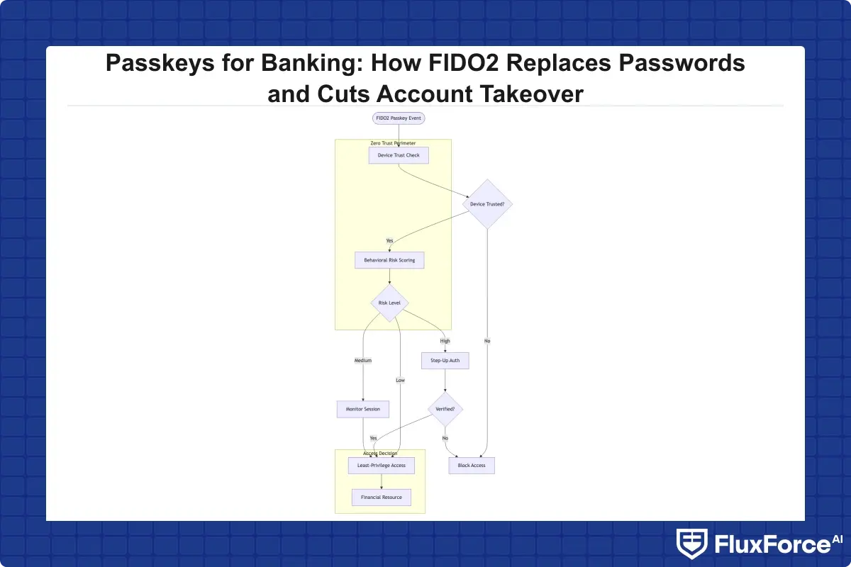 Zero trust financial services architecture with passkey authentication layer: FIDO2 passkey event to device trust check to behavioral risk scoring to least-privilege access decision