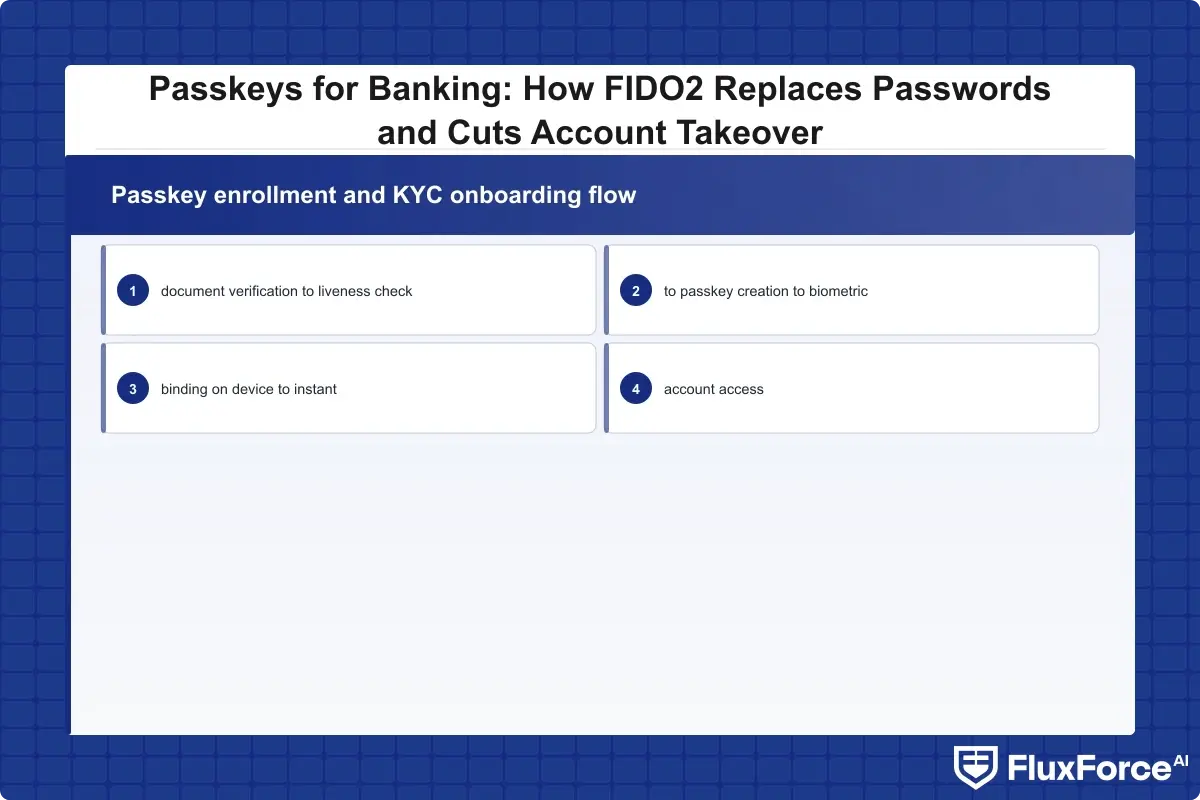 Passkey enrollment and KYC onboarding flow: document verification to liveness check to passkey creation to biometric binding on device to instant account access
