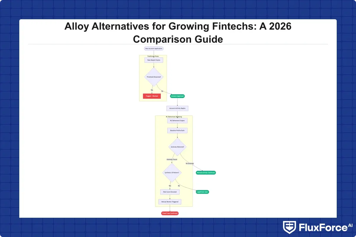 Decision flow showing how synthetic identity fraud bypasses traditional rule-based threshold checks but gets flagged by ML behavioral modeling over time